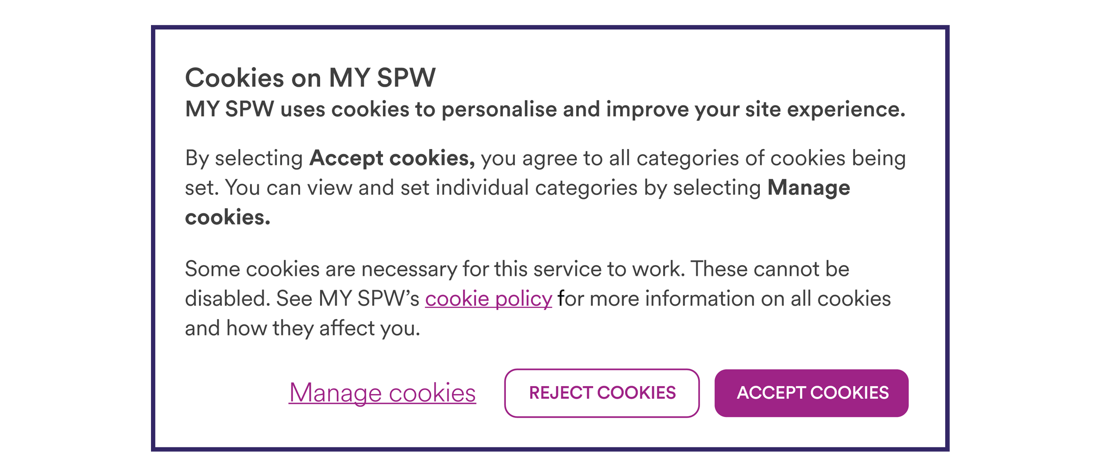 Screenshot of cookie banner for MY SPW
