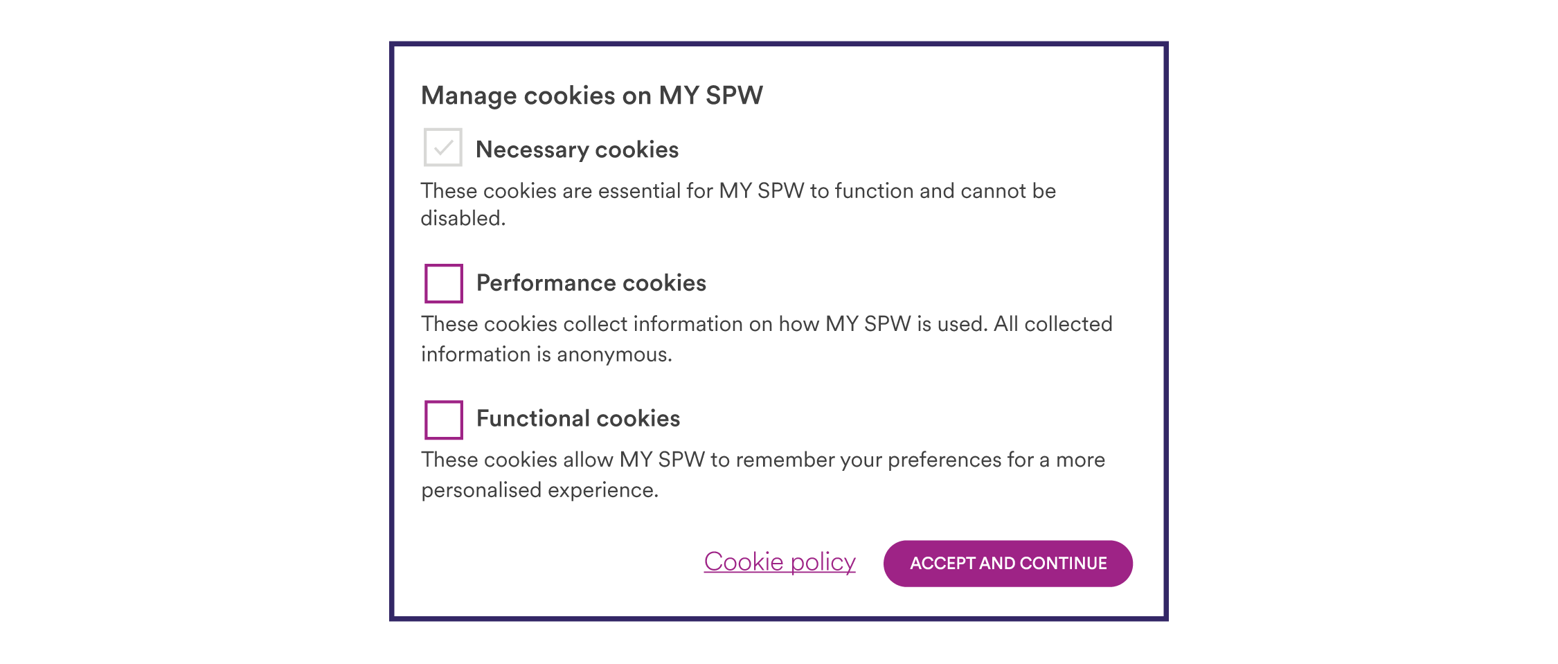 Screenshot of cookie banner for MY SPW